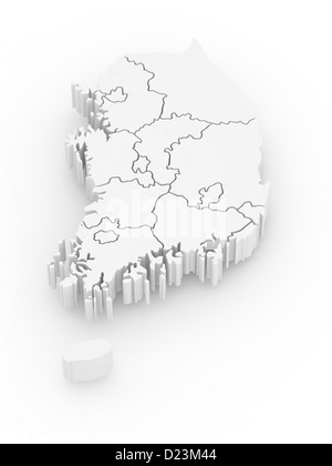 Dreidimensionale Karte des südlichen Korea auf weißem Hintergrund isoliert. 3D Stockfoto