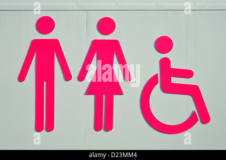 WC-WC-Schild Symbol für Damen Herren und Behinderteneinrichtungen England Großbritannien Stockfoto