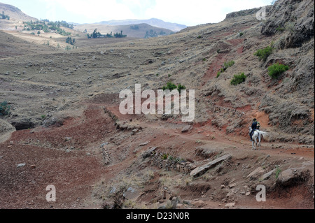 Mangudo, Äthiopien, ein Bauer reitet sein Pferd durch die Berge Stockfoto