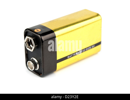 gelbe 9v Batterie ist isoliert auf weiß Stockfoto