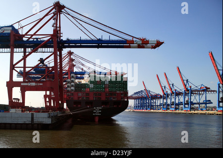 Hamburg, Deutschland, und Containerbruecken Containerschiff im Hamburger Hafen Stockfoto