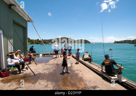 4 Angeln Straßen am Ende des Piers unbeaufsichtigt mit kleinen Fischerbooten im Hintergrund, Mangonui Harbour, New Zealand, Stockfoto