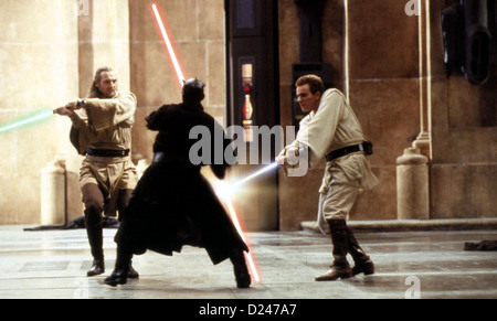 Star Wars: Episode 1-Die Dunkle wobei StarWars: Episode ich Phantom Menace Liam Neeson, Ray Park, Ewan McGregor Jedi Stockfoto