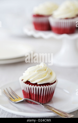 Red Velvet Cupcakes mit Frischkäse-Glasur Stockfoto