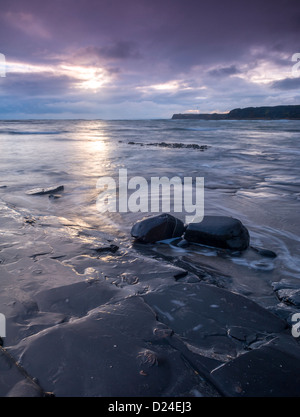 Kimmeridge leisten bei Sonnenuntergang Kimmeridge Bay Jurassic Coast Dorset UK Stockfoto