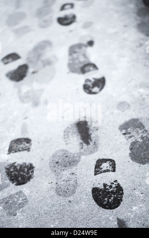 Spuren in nassem Schnee auf städtischen Asphaltstraße Stockfoto