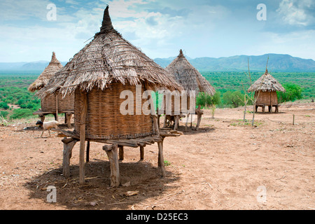 Traditionelle Getreide speichert bei Karo Stammes-Dorf von nieder im unteren Omo-Tal, Südliches Äthiopien, Afrika. Stockfoto