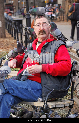 Porträt von Paul, der Mann, der die Tauben im Washington Square Park Greenwich Village Manhattan New York City füttert Stockfoto