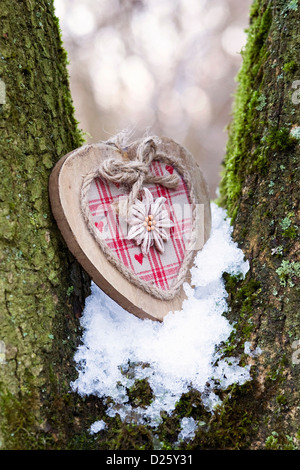 Eine dekorative Herz aus Holz in einem verschneiten Wald. Stockfoto