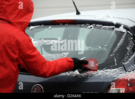 Junge Frau kleidete warme Jacke, um Schnee und Eis von Vauxhall Corsa Auto mit einem Schaber im Winter Brighton zu entfernen Stockfoto