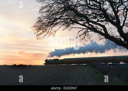 Dampflok zieht einen Personenzug auf der North Norfolk Railway - Sonnenuntergang Stockfoto