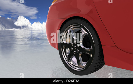 Roter Sportwagen auf dünnem Eis, hinten wh Stockfoto