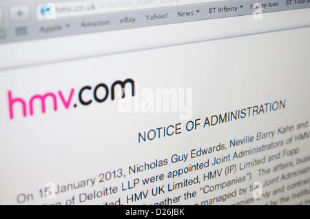 Essex, England. 15. Januar 2013. Music Store HMV haben aufgehört Handel auf ihrer Webseite hmv.co.uk Credit beunruhigt: Ben Rektor/Alamy Stockfoto