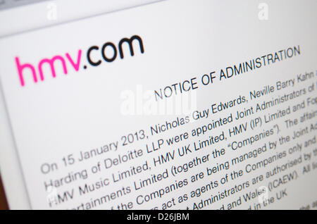 Essex, England. 15. Januar 2013. Music Store HMV haben aufgehört Handel auf ihrer Webseite hmv.co.uk Credit beunruhigt: Ben Rektor/Alamy Stockfoto