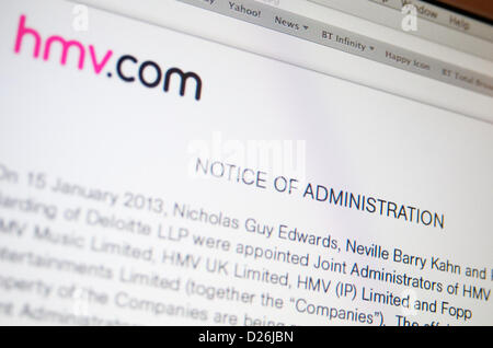 Essex, England. 15. Januar 2013. Music Store HMV haben aufgehört Handel auf ihrer Webseite hmv.co.uk Credit beunruhigt: Ben Rektor/Alamy Stockfoto