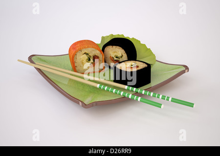 Die dreidimensionale Stillleben von Sushi und Stäbchen Stockfoto