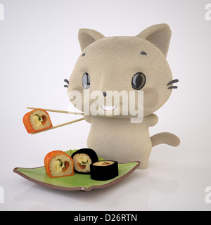 Die dreidimensionale Beige Katze genießt Sushi Stockfoto