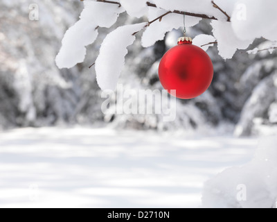 Rote Christbaumkugel im Freien auf einer schneebedeckten Baum Closeup künstlerisch Feiertag Hintergrund Winter Natur malerischen Stockfoto