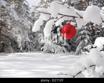 Rot Weihnachten Dekoration im Freien auf einer Schnee bedeckten Ast in einen Winterwald. Künstlerisch Feiertag Hintergrund. Stockfoto