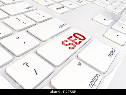 SEO Wort geschrieben am weißen glänzenden Tastatur Stockfoto