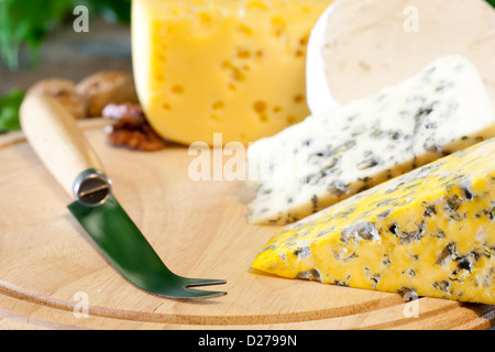 Käse-verschiedene Sortiment auf Holzbrettern Stillleben Stockfoto