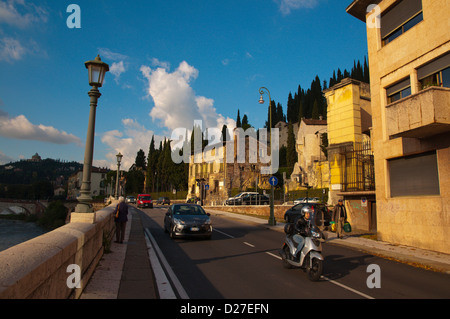 Verkehr entlang Lungadige Re Teodorico Stadt am Fluss Straße Veronetta Bezirk Verona Venetien Italien Europa Stockfoto