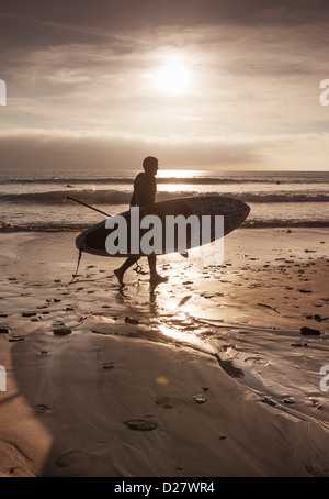 Mann zu Fuß entlang des Strandes mit seinem Stand-up Paddle Surfboard. Stockfoto