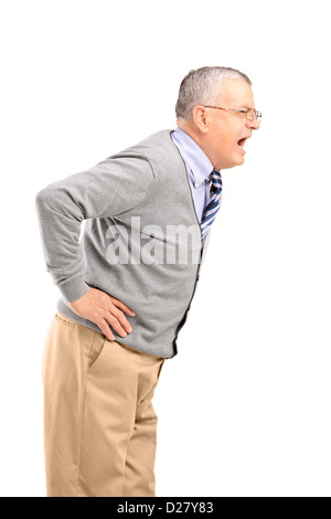 Ein wütend senior Herr schreien isolierten auf weißen Hintergrund Stockfoto