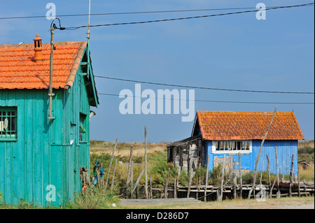 Bunte Kabinen der Austernfarm an la Baudissière, Dolus / Saint-Pierre-d'Oléron, Ile d'Oléron, Charente-Maritime, Frankreich Stockfoto