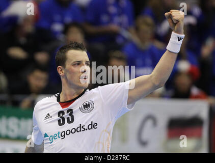 Dominik Klein Deutschlands feiert ein Ziel während der Herren Handball-WM wichtigsten Vorrundenspiel Deutschland Vs Montenegro in Granollers, Spanien, 16. Januar 2013. Foto: Fabian Stratenschulte/Dpa +++(c) Dpa - Bildfunk +++ Stockfoto