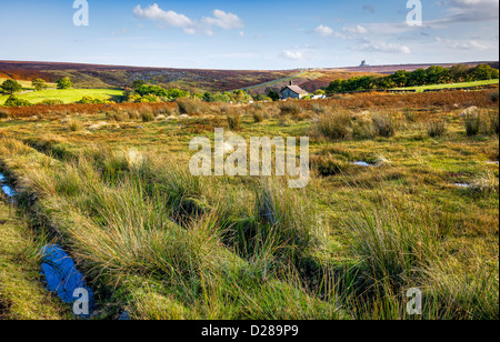 RAF Fylingdales am Horizont in der Mitte die North York Moors in der Nähe von Goathland an einem schönen Herbsttag in Yorkshire, England. Stockfoto