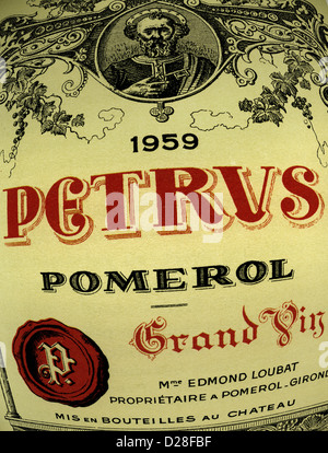 PETRUS Flaschenetikett des herausragenden Jahrs 1959 Chateau Petrus Pomerol Grand Vin Rotwein Bordeaux Frankreich Stockfoto