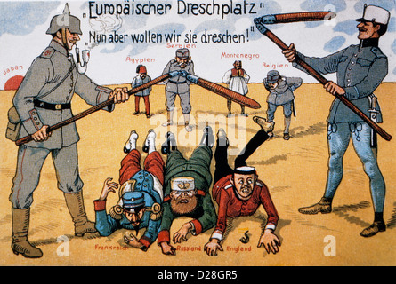 Deutschland und Österreich-Ungarn Dreschen die Alliierten Mächte, deutsche Illustration, 1914 Stockfoto