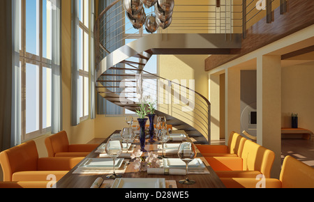 Modernen Speisesaal mit großen Fenstern, Tischset, Wendeltreppe und Kamin Stockfoto
