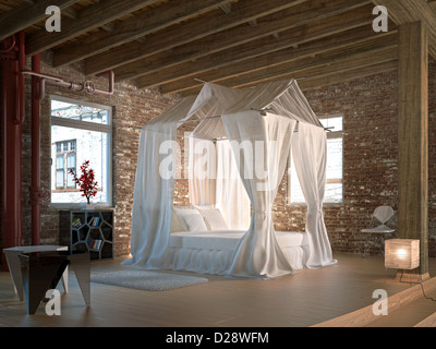 Luxus Loft-Schlafzimmer mit Himmelbett. Holzboden und Decke und Wände aus alten Ziegeln, mit einigen Pipelines. Stockfoto
