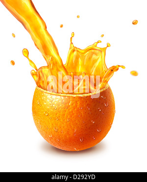 Orange frisch Frucht halbieren, mit einem Spritzer Saft in der Mitte. Stockfoto