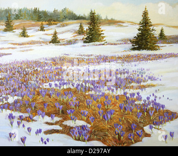 Ein Ölgemälde auf Leinwand von einer Wiese mit Flecken von Schnee und blühen violette Krokusblüten. Stockfoto