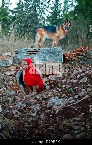 Der große böse Wolf und kleine rote befreien Hood im Wald Stockfoto