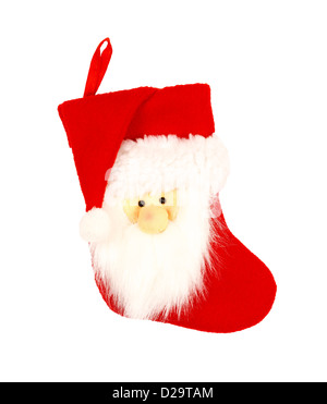 Rot Weihnachten Strumpf mit Santa Gesicht isoliert auf einem weißen Hintergrund mit Beschneidungspfad Stockfoto