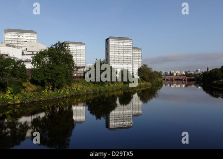 Blick West entlang des Flusses Clyde zu Wohnraum Hochhäusern im Bereich Gorbals von Glasgow, Scotland, UK Stockfoto