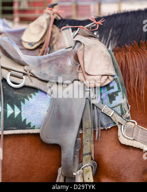 Nahaufnahme des westlichen US Stil Pferdenheftzwecke und Sattel Stockfoto
