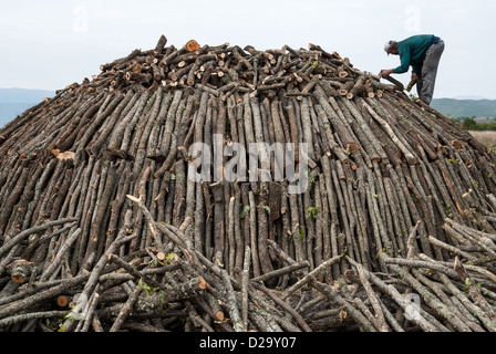 Ein unbekannter Mann arbeitet in Kohle-Produktion am 18. Oktober 2008, in der Nähe von Grevena, Griechenland. Stockfoto