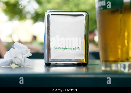 Retiro park Madrid Spanien Serviette Serviette Bier "Gracias Por Su Visita" Stockfoto