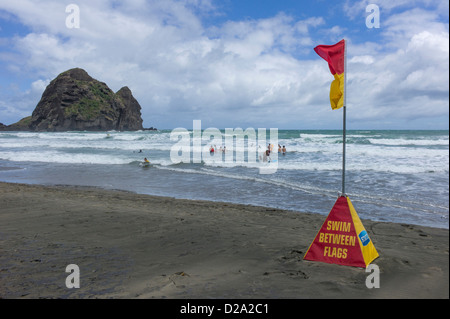 Gesamtansicht der Piha Beach, Neuseeland mit Schwimmer kümmert sich innerhalb der Flaggen mit einem moderaten bis schweren Brandung schwimmen Stockfoto