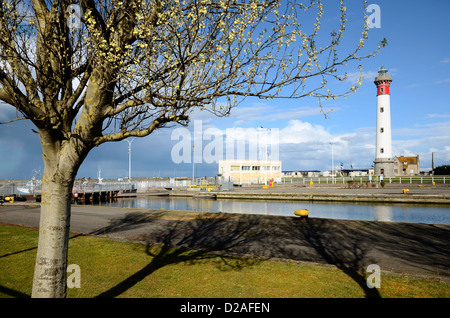 Leuchtturm und Baum im Vordergrund bei Ouistreham im Département Calvados in der Region Basse-Normandie in Frankreich Stockfoto