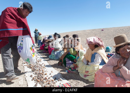 Aymara-Mittagessen in den Kordilleren Stockfoto