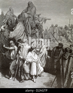 Josef (Sohn von Jakob und Rachel) wird in die Sklaverei in Ägypten von seinen Brüdern verkauft. Gravur von Gustave Doré. des 19. Jahrhunderts. Stockfoto