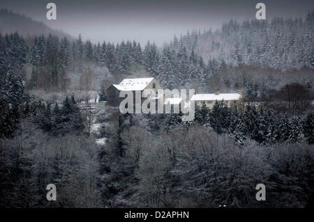 Süd-Wales, UK. 18. Januar 2013. Schneebedeckte Dächer auf Häuser am Resolven in der Nähe von in Süd-Wales heute Nachmittag nach täglich heftige Schneefälle das Gebiet getroffen. Stockfoto