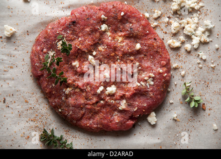 Frisch gemahlenem Rindfleisch Patty mit Gorgonzolakäse und Gewürzen Stockfoto