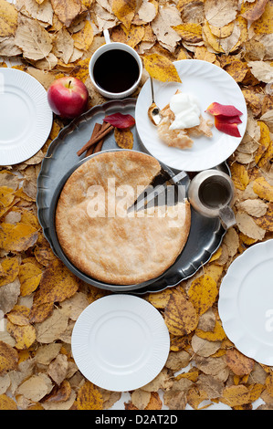 Kuchen und Kaffee im Herbstlaub Stockfoto